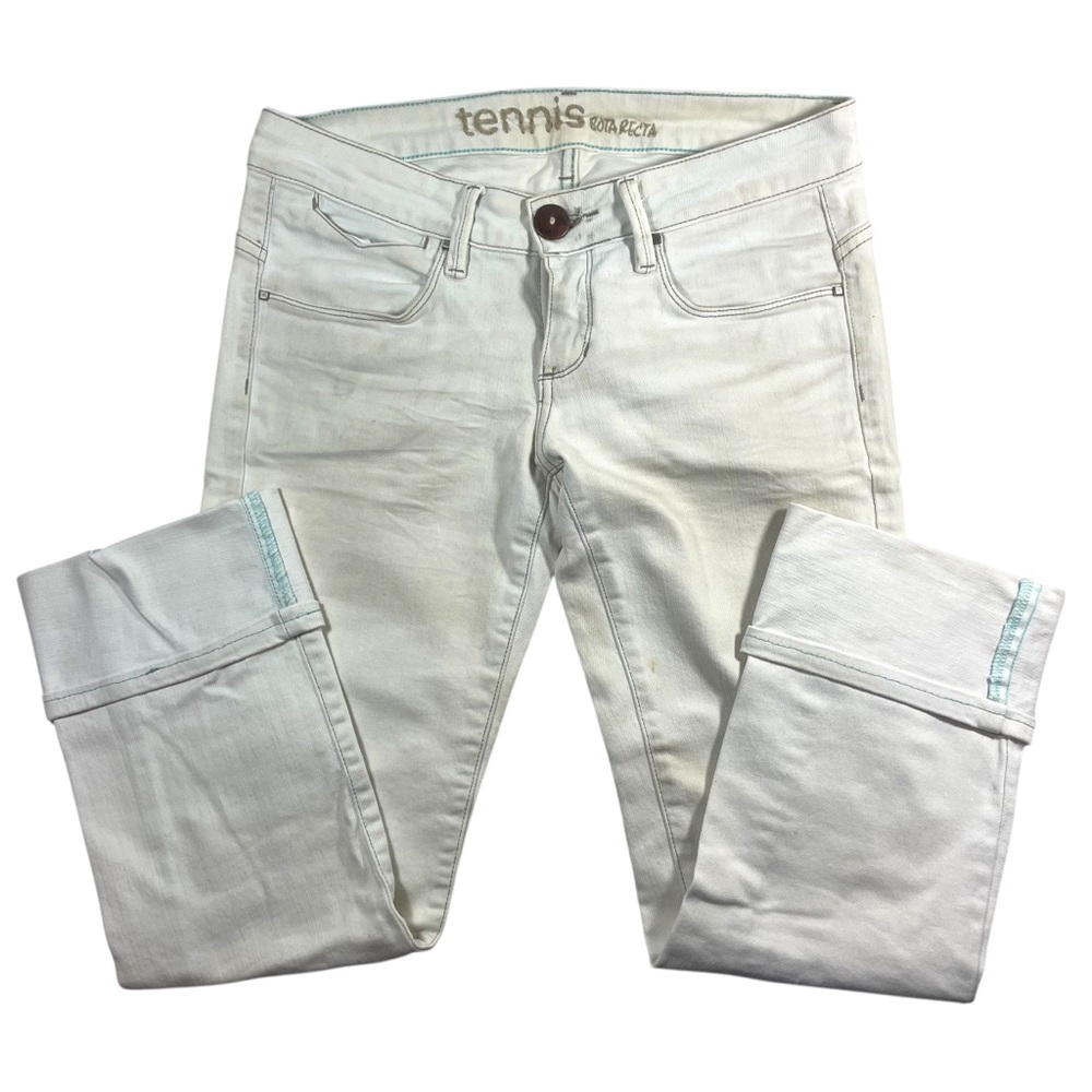 NWOT Tennis 5 pocket white crop Jeans with Tiffany blue stitching Size 7
